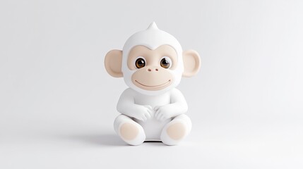 Fototapeta premium A small, white monkey figurine sits center frame. Its features are simplified, and it has a gentle expression. The background is plain white, providing a clean backdrop. The image is brightly lit, ex