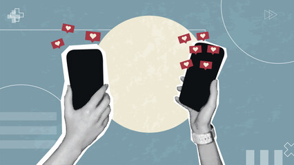 Creative halftone hands with phone and likes.Trendy illustration for web banner,social media,marketing, sales.Retro online likes template,sales,sales increase,global strategy.