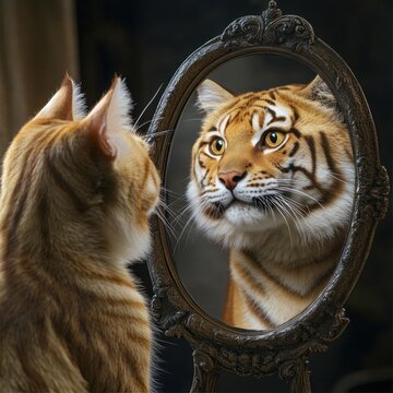 Ginger cat observing tiger reflection in ornate mirror