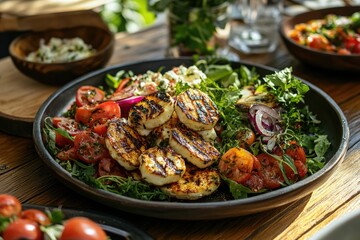 Grilled halloumi salad with tomatoes and red onions served on a black plate on a wooden table