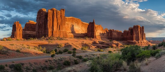 Scenic panorama of sandstone formations in Arches National Park at sunset