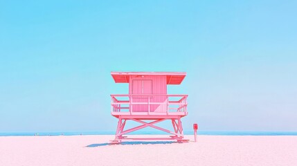 Pastel pink lifeguard tower on a pristine beach under a clear blue sky.