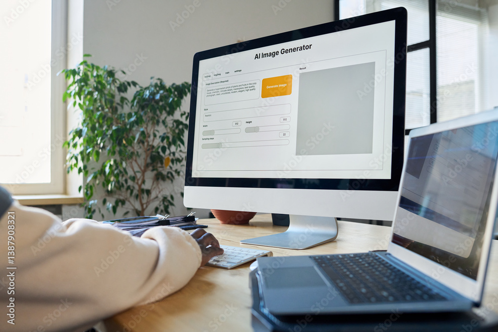 Aufkleber Desktop computer screen with AI image generator standing next to laptop during work of male programmer or designer