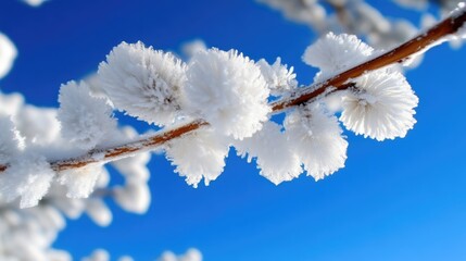 Frozen winter blossoms on a branch against a clear blue sky