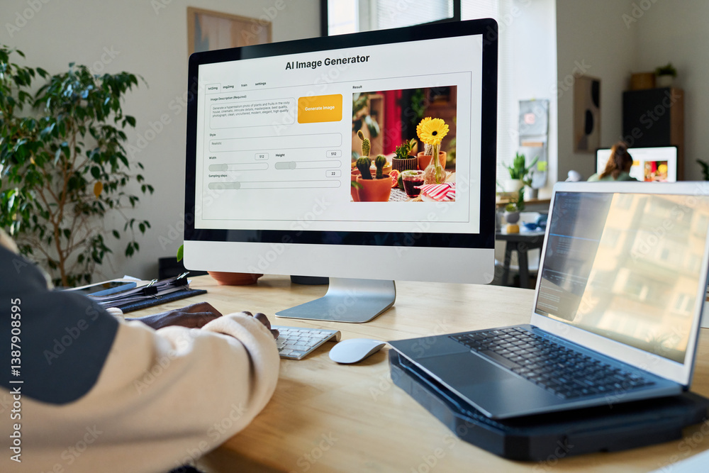Poster Hands of unrecognizable male programmer testing new product on desktop computer next to laptop with coded data
