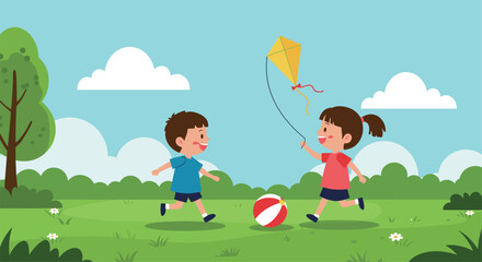 Kids playing in grassy park under clear sky, side view vector