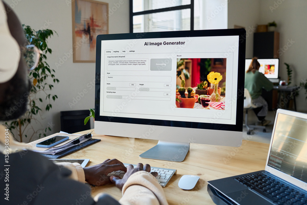 Poster Screen of desktop computer with AI image generator standing on workplace of designer using or testing new product