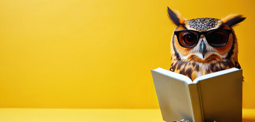 Smart owl wearing sunglasses reads book against vibrant yellow background. Education theme, studying, learning concepts. Bird, glasses, leisure, book, summer, beach or vacation vibes are present.