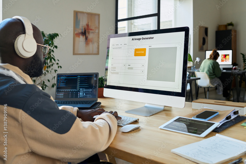 Poster Young African American software developer testing AI image generation program on desktop computer and laptop