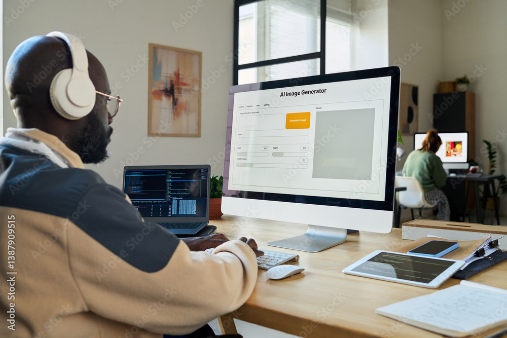 Poster Side view of young businessman typing on computer keypad and using AI image generator while creating new content