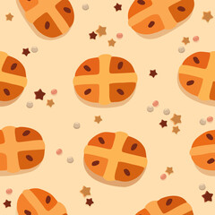 Fototapeta premium Seamless vector pattern with English buns in hand-drawn style, warm tones, bakery-themed background for food design