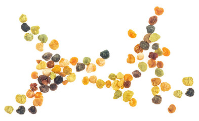 Grains of honey bee pollen isolated on a white background, top view. Natural medicine, prevention influenza.