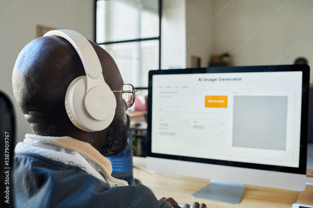 Poster Young bald man in headphones listening to music and looking at computer screen with AI image generator