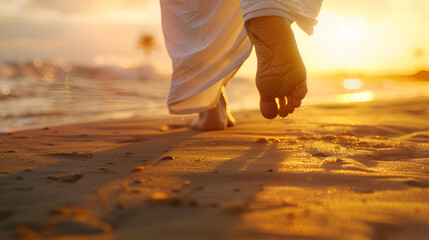 Close-up of Jesus' Feet Walking on Sand Toward the Horizon