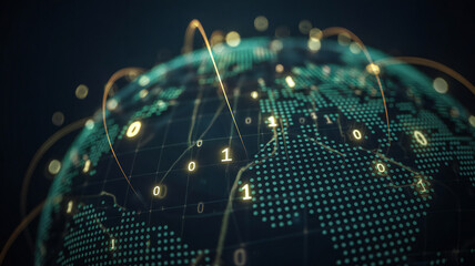 Digital Globe with Binary Code Overlay Representing Global Network and Data Transfer in a Connected World - Conceptual Image of Technology, Communication, and the Internet
