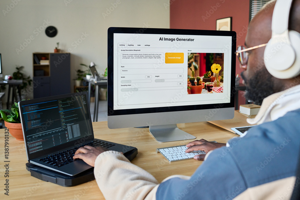 Poster Young African American man typing on keypads of two desktop computers while using or testing new software by workplace