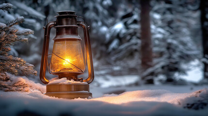 Lantern in winter forest, Christmas concept