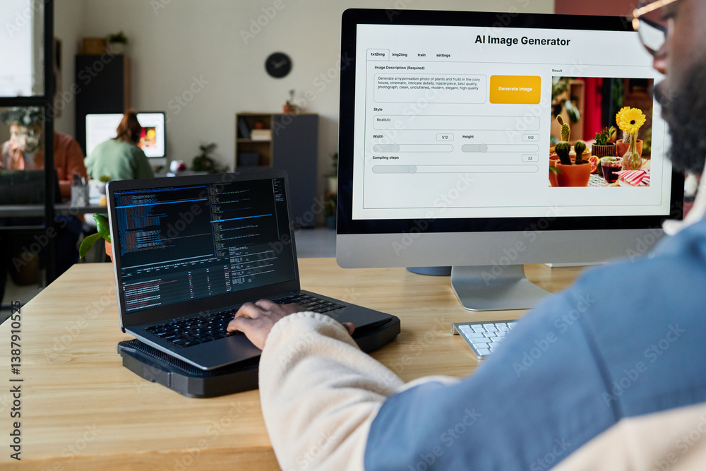 Poster Focus on two desktop computers and hand of young male programmer typing on laptop keypad while decoding data