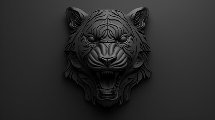 Black tiger head, 3D render, dark background, fierce expression, detailed carving.
