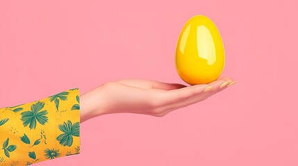Hand holds Easter eggs against of pink background with copy space