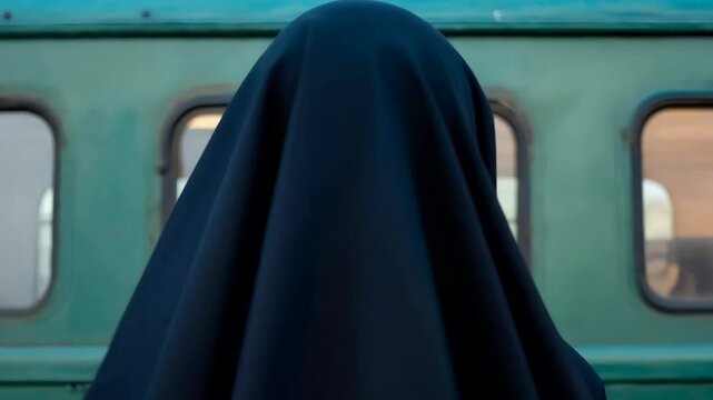 Close-up of muslim woman with hazel eyes wearing black niqab against green train car