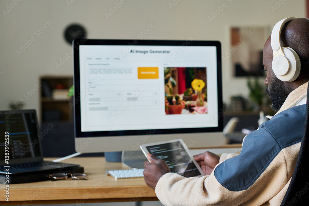 Fototapete young african american man in headphones looking at coded data on tablet screen while sitting in fro