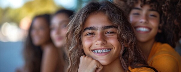 Fototapeta premium Teenagers smiling together outdoors during a carefree summer afternoon