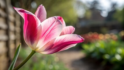 Fototapeta premium Pink Tulip Flower in Spring Garden. Close-Up with Soft Sunlight and Blurred Background.