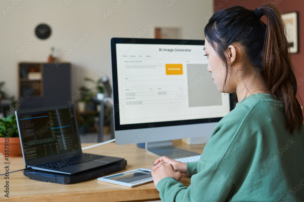 Aufkleber Serious female programmer or software developer looking at laptop screen with coded data and concentrating on decoding it