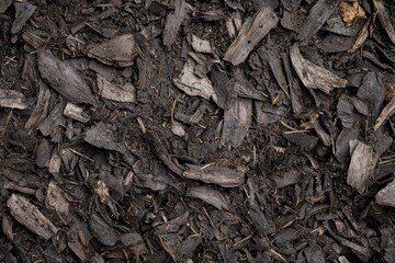 Close-up view of dark brown wood chips, possibly mulch, creating a textured surface.