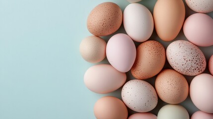 An array of beautifully patterned eggs lies against a soft blue background, symbolizing renewal, creativity, and the essence of spring, evoking feelings of joy and celebration.