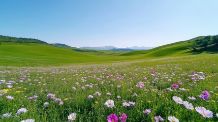 A vibrant field of wildflowers blankets a rolling green landscape. The scene includes distant, hazy mountains under a clear blue sky. The image is high-resolution, showcasing sharp detail and bright