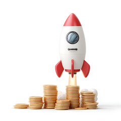 Digital Payments concept, A rocket launching from a pile of coins symbolizes financial growth and innovation.