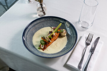 Grilled salmon was served at the fine dining restaurant