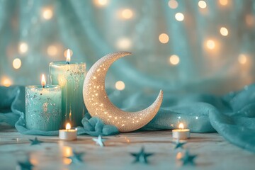 Still life with candles crescent moon and stars creating a magical and dreamy atmosphere