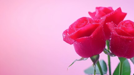 Obraz premium Dew Kissed Crimson Roses - Three vibrant red roses, glistening with dew drops, symbolize love, beauty, passion, freshness, and romance. A perfect for Valentine's Day, anniversary