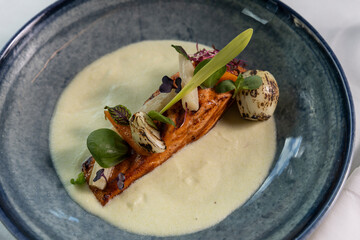 Grilled salmon was served at the fine dining restaurant