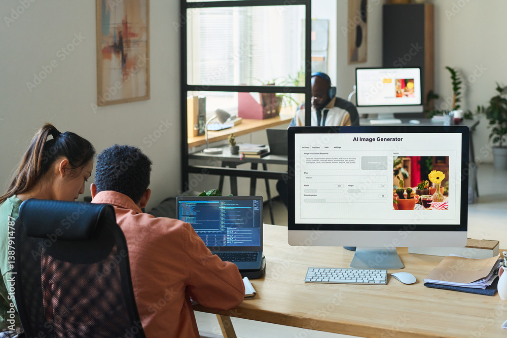 Aufkleber Rear view of two young intercultural programmers or designers sitting by workplace with desktop computer with image generator on screen