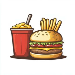 Delicious burger with cheese, fries, and a refreshing drink in a vibrant, colorful style