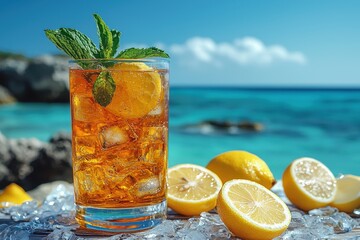 Obraz premium Refreshing iced tea with fresh lemons and mint by the beachside