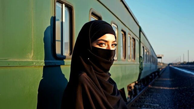 Portrait of a young woman in black niqab near a green train car in daylight