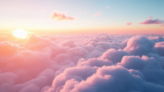 Beautiful aerial view above clouds at sunset, Beautiful cloudscape with blue sky and pink clouds. 3d illustration. Generated AI.
