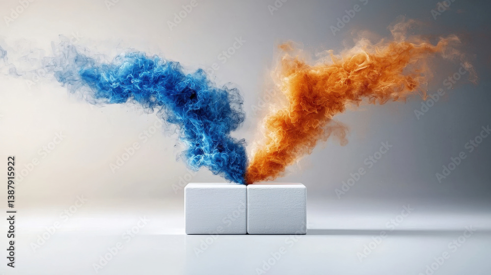 Aufkleber two blocks with vibrant blue and orange smoke swirling above them create dynamic and artistic visual