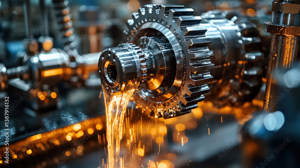 Aufkleber close up of metal gear with oil flowing over it, showcasing intricate details of machinery in hydrau