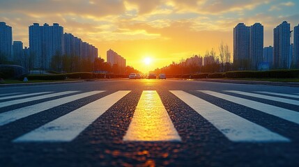 Obraz premium Sunset cityscape view from a crosswalk