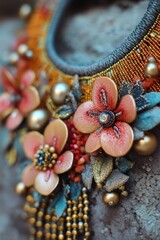 Fototapeta premium Handmade statement necklace with flower decorations and hanging beads shining on a mannequin