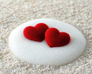 Two textured red hearts placed on a soft, white surface.