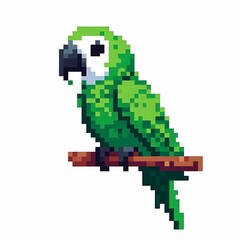 Obraz premium Pixel Art Green Parrot Perched on Branch suitable for creative presentation