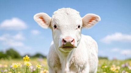 Obraz premium A young, white calf stands in a field of wildflowers. Its soft fur and curious gaze are prominent. The sunny backdrop is softly blurred. The image is high-quality, with vibrant colors and a cheerful