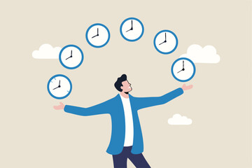 Time management, punctuality or work deadline, schedule plan or reminder, productivity expert or timer countdown, expertise concept, confidence businessman expert juggling clock in difference time.